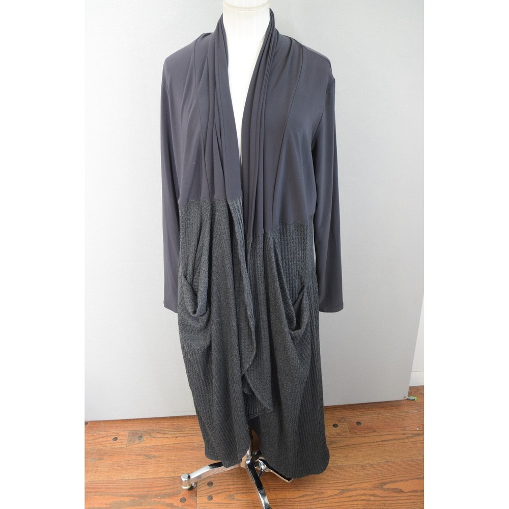 Sympli Duster 12 Gray Mixed Media Waffle Knit Open Front Women Longline Cardigan
